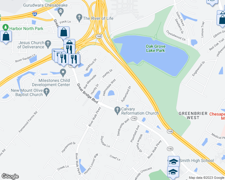 map of restaurants, bars, coffee shops, grocery stores, and more near 629 Sutherland Drive in Chesapeake