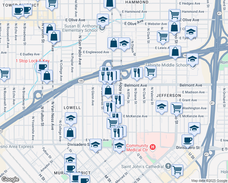 map of restaurants, bars, coffee shops, grocery stores, and more near 1704 East Belmont Avenue in Fresno