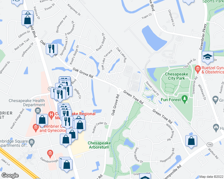 map of restaurants, bars, coffee shops, grocery stores, and more near 752 Oak Grove Road in Chesapeake