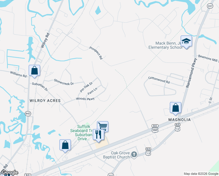 map of restaurants, bars, coffee shops, grocery stores, and more near 1144 Woods Parkway in Suffolk
