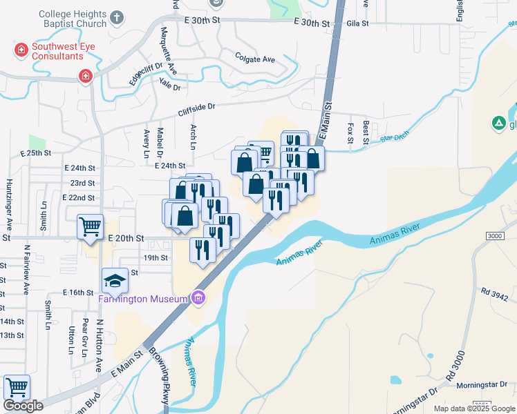 map of restaurants, bars, coffee shops, grocery stores, and more near 3450 East Main Street in Farmington