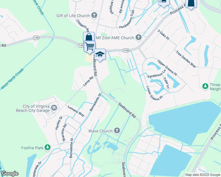map of restaurants, bars, coffee shops, grocery stores, and more near 1736 Live Oak Trail in Virginia Beach