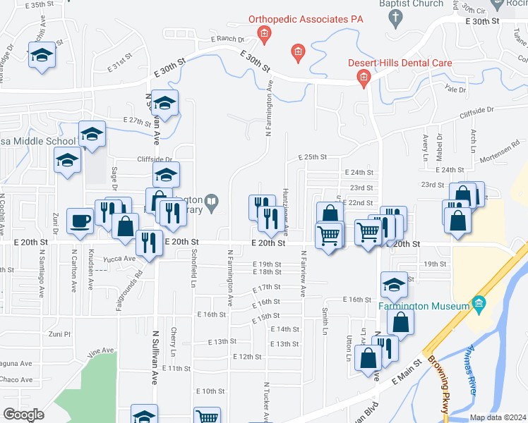 map of restaurants, bars, coffee shops, grocery stores, and more near 2115 North Huntzinger Avenue in Farmington