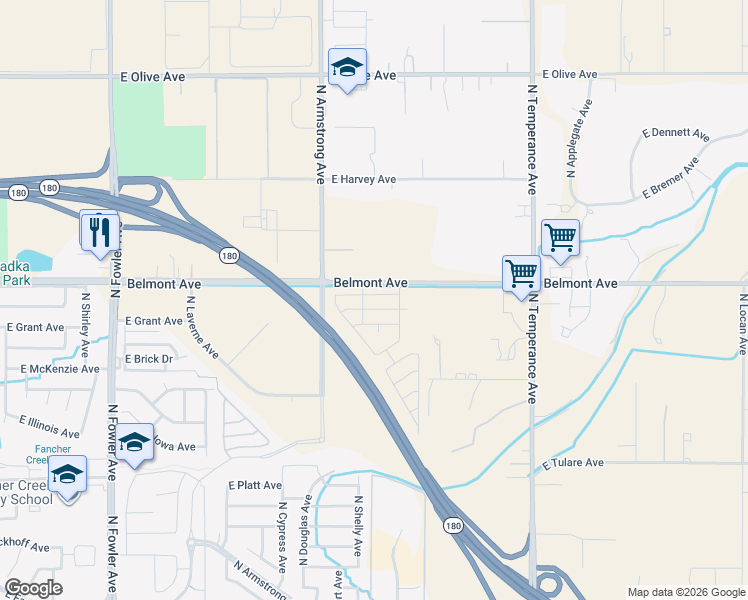 map of restaurants, bars, coffee shops, grocery stores, and more near 6539-6615 East Belmont Avenue in Fresno