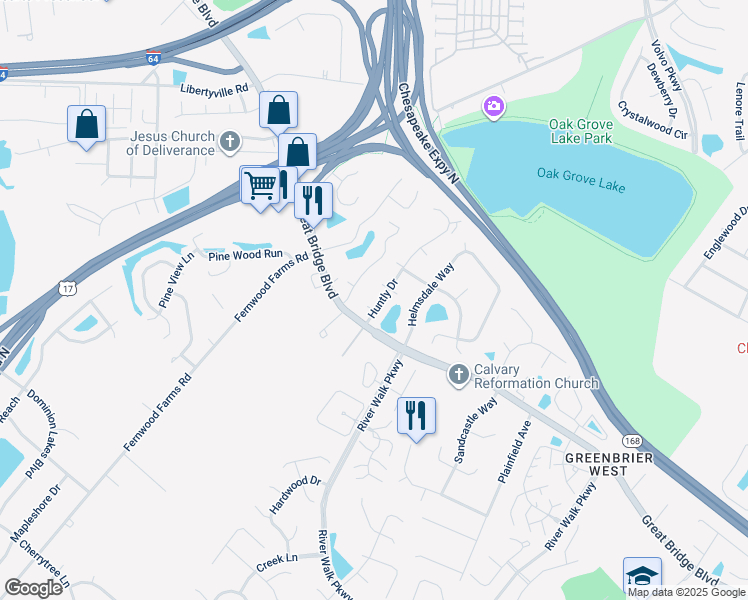 map of restaurants, bars, coffee shops, grocery stores, and more near 802 Elgin Court in Chesapeake