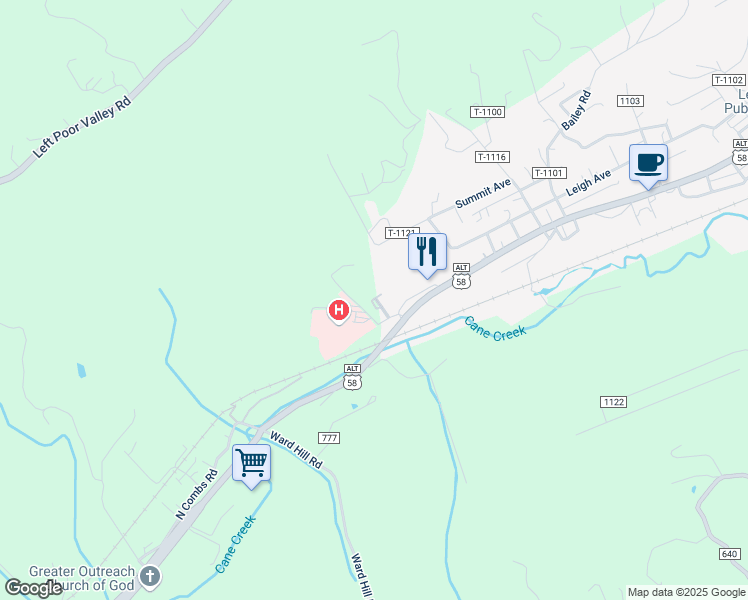 map of restaurants, bars, coffee shops, grocery stores, and more near Combs Road in Pennington Gap