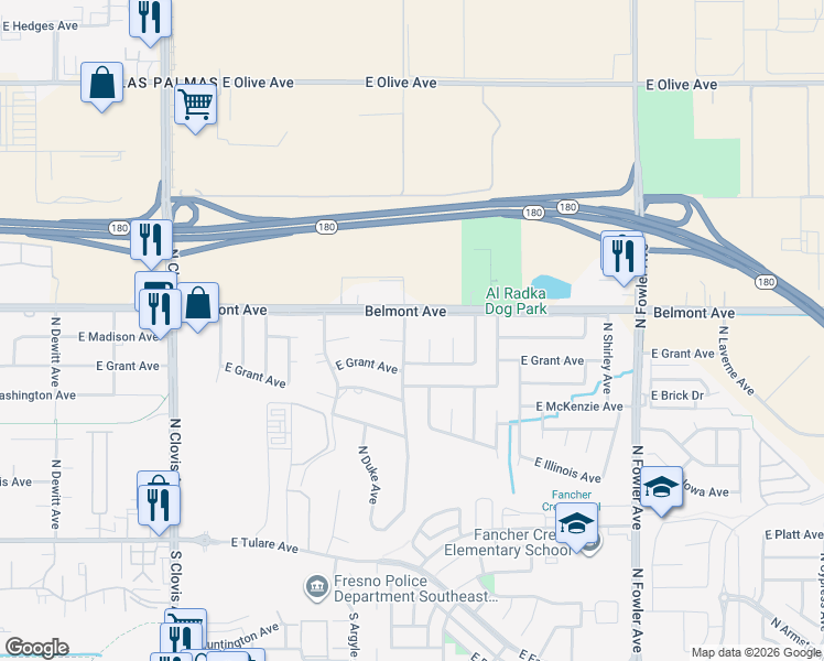 map of restaurants, bars, coffee shops, grocery stores, and more near 464 North Sunnyside Avenue in Fresno