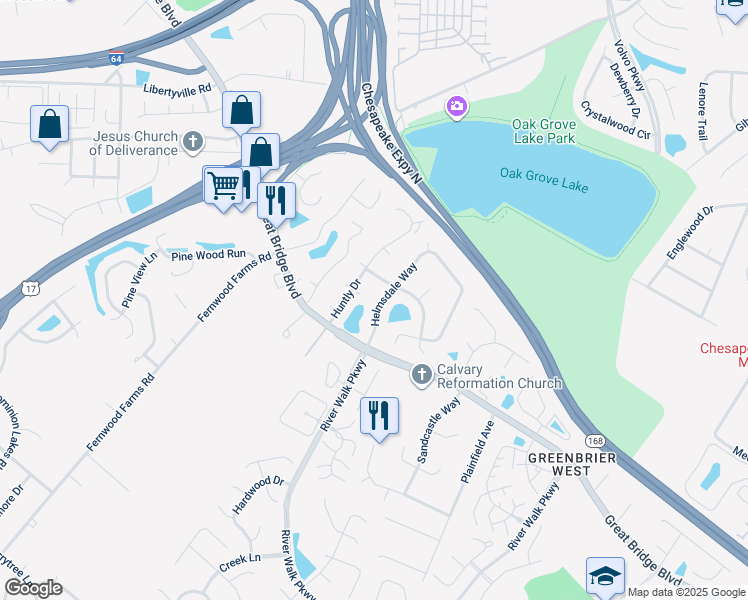map of restaurants, bars, coffee shops, grocery stores, and more near 620 Helmsdale Way in Chesapeake