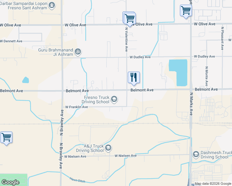 map of restaurants, bars, coffee shops, grocery stores, and more near 3463 West Belmont Avenue in Fresno