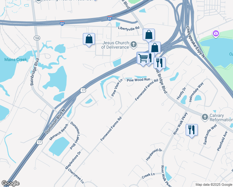 map of restaurants, bars, coffee shops, grocery stores, and more near 492 Cobblewood Bend in Chesapeake
