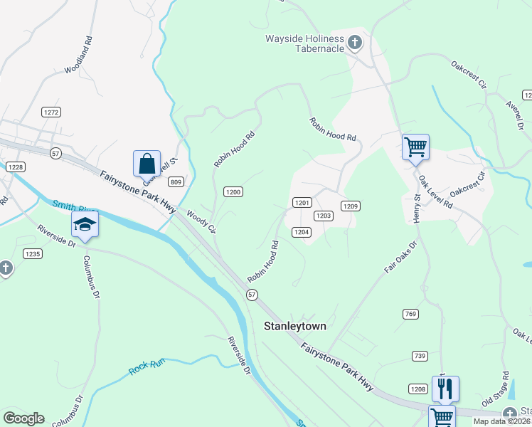 map of restaurants, bars, coffee shops, grocery stores, and more near 291 Robin Hood Road in Bassett