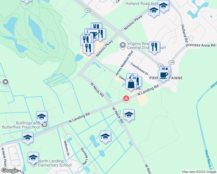 map of restaurants, bars, coffee shops, grocery stores, and more near 2504 Brewer Arch in Virginia Beach