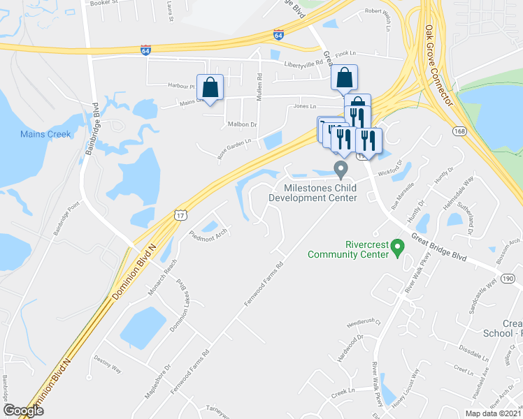 map of restaurants, bars, coffee shops, grocery stores, and more near 814 Pine View Lane in Chesapeake