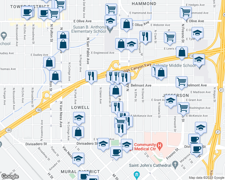 map of restaurants, bars, coffee shops, grocery stores, and more near 460 North Calaveras Street in Fresno