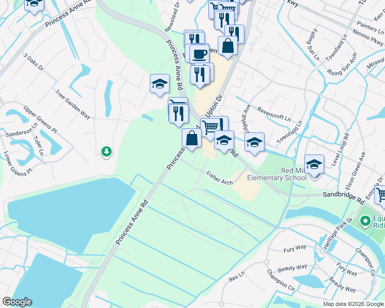 map of restaurants, bars, coffee shops, grocery stores, and more near 2088 Princess Anne Road in Virginia Beach