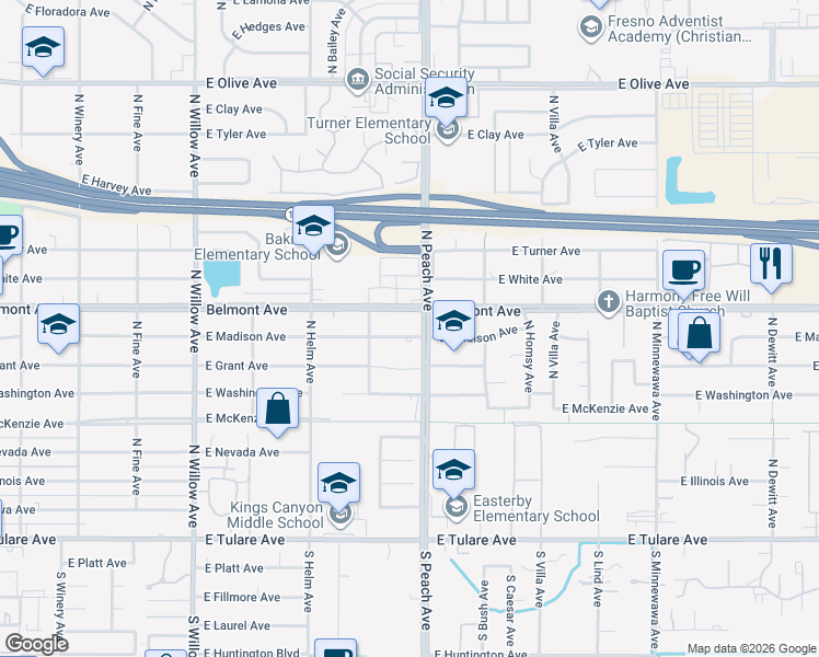 map of restaurants, bars, coffee shops, grocery stores, and more near 5174 East Belmont Avenue in Fresno
