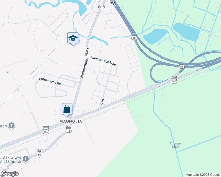 map of restaurants, bars, coffee shops, grocery stores, and more near 204 Magnolia Street in Suffolk