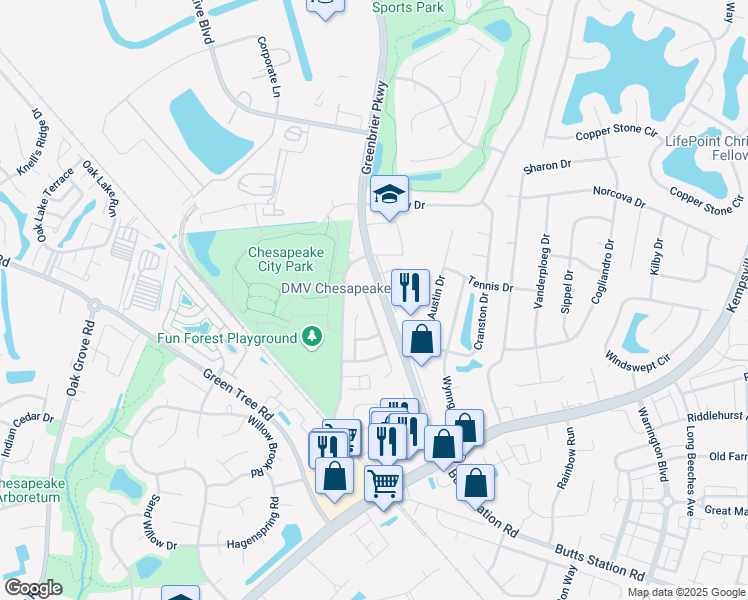 map of restaurants, bars, coffee shops, grocery stores, and more near 516 Windward Drive in Chesapeake
