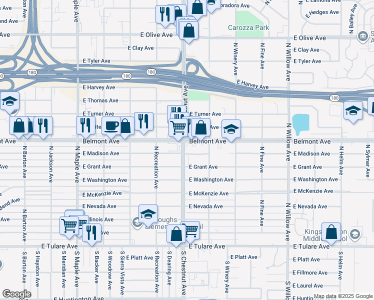 map of restaurants, bars, coffee shops, grocery stores, and more near 4805 East Madison Avenue in Fresno