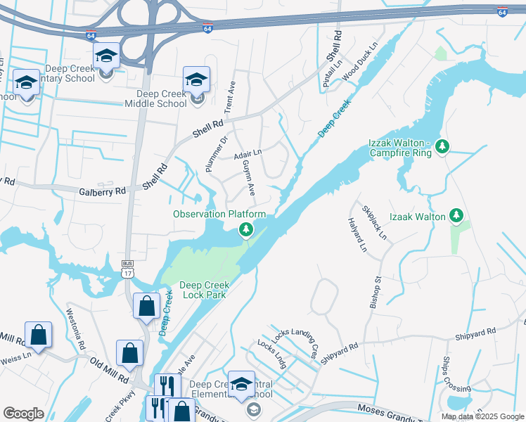 map of restaurants, bars, coffee shops, grocery stores, and more near 400 Plummer Drive in Chesapeake