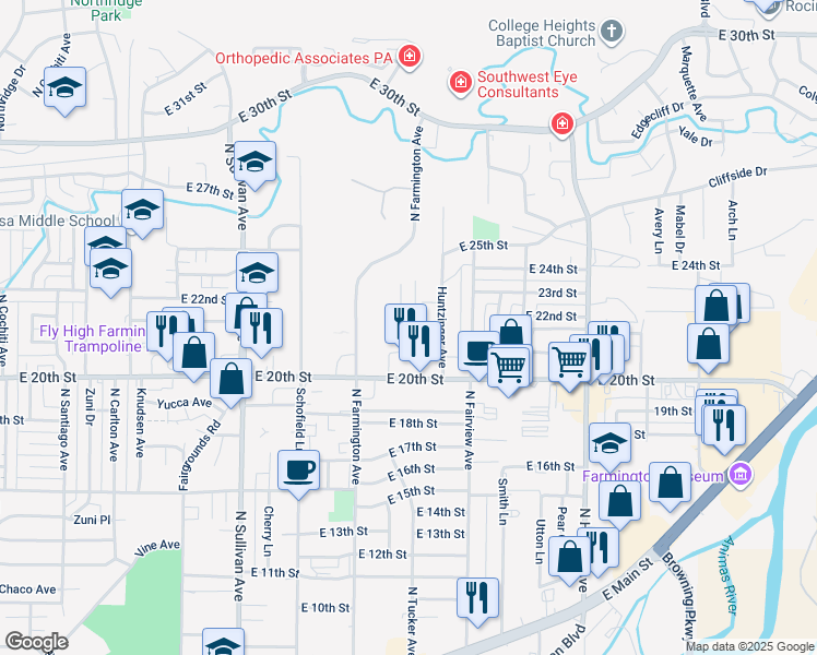 map of restaurants, bars, coffee shops, grocery stores, and more near 2115 North Huntzinger Avenue in Farmington