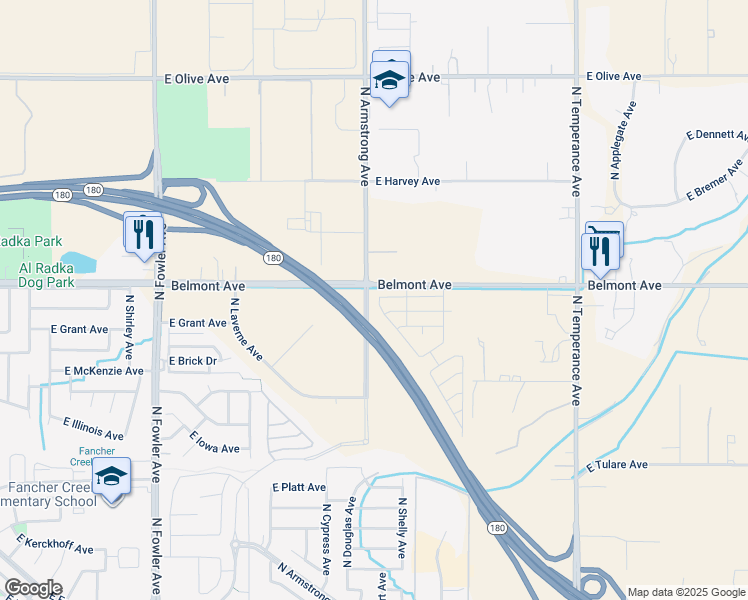 map of restaurants, bars, coffee shops, grocery stores, and more near in Fresno