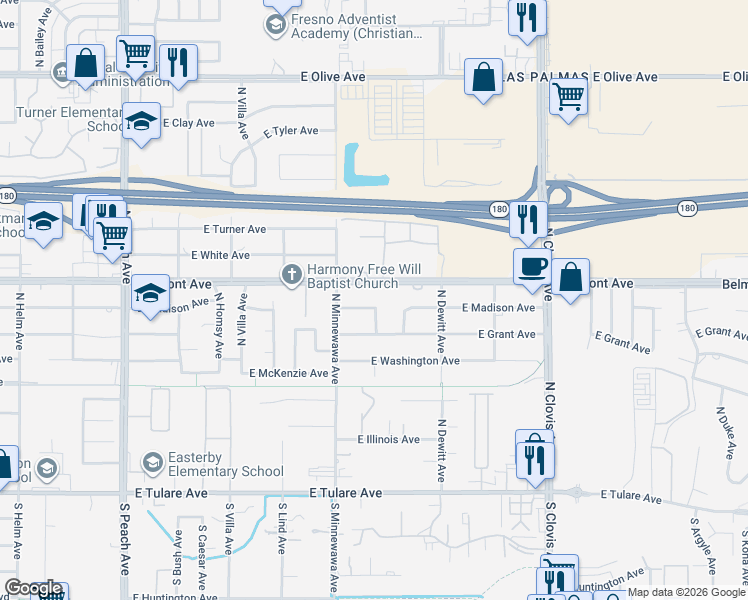 map of restaurants, bars, coffee shops, grocery stores, and more near 5432 East Belmont Avenue in Fresno