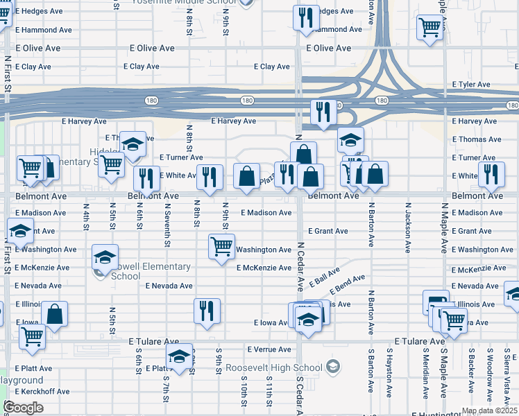 map of restaurants, bars, coffee shops, grocery stores, and more near 453 North 11th Street in Fresno