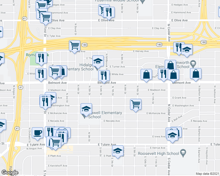 map of restaurants, bars, coffee shops, grocery stores, and more near 3651 East Madison Avenue in Fresno