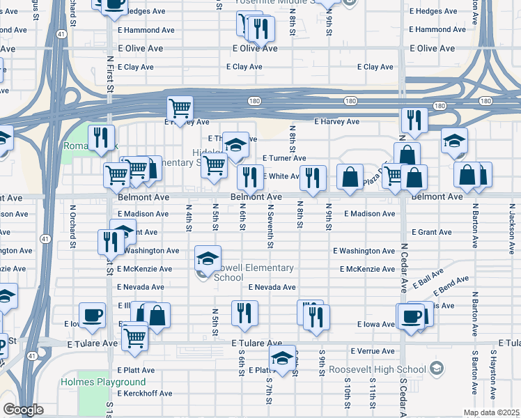 map of restaurants, bars, coffee shops, grocery stores, and more near 3651 East Madison Avenue in Fresno