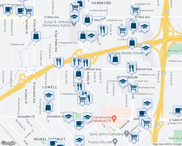 map of restaurants, bars, coffee shops, grocery stores, and more near in Fresno