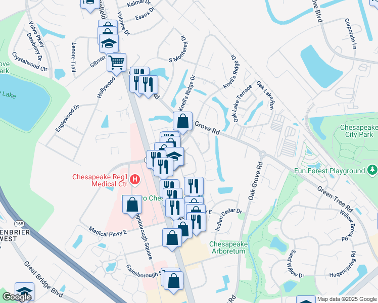map of restaurants, bars, coffee shops, grocery stores, and more near 820 Nottaway Drive in Chesapeake