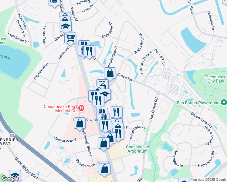 map of restaurants, bars, coffee shops, grocery stores, and more near 820 Nottaway Drive in Chesapeake