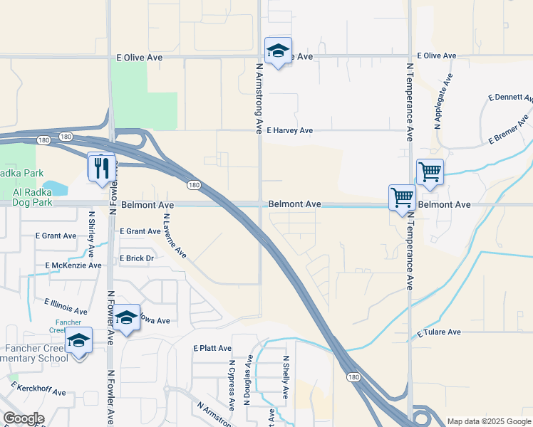 map of restaurants, bars, coffee shops, grocery stores, and more near in Fresno