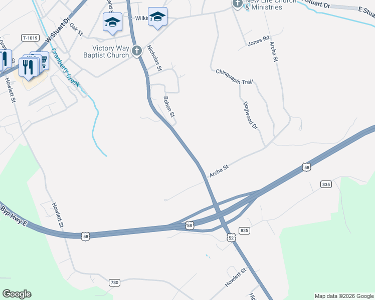 map of restaurants, bars, coffee shops, grocery stores, and more near South Main Street in Hillsville