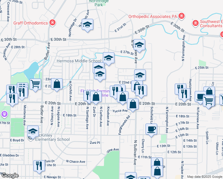 map of restaurants, bars, coffee shops, grocery stores, and more near 1611 East 21st Street in Farmington