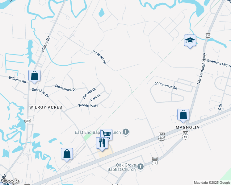 map of restaurants, bars, coffee shops, grocery stores, and more near 1144 Woods Parkway in Suffolk