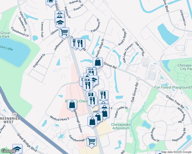 map of restaurants, bars, coffee shops, grocery stores, and more near 602 Ridge Circle in Chesapeake