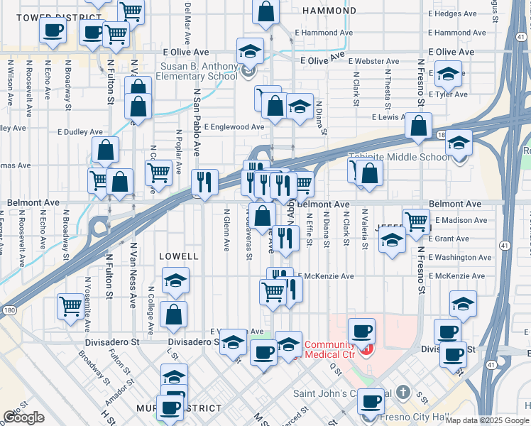 map of restaurants, bars, coffee shops, grocery stores, and more near 480 North Calaveras Street in Fresno