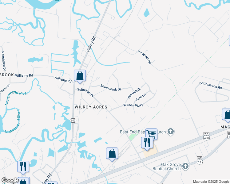 map of restaurants, bars, coffee shops, grocery stores, and more near 3108 Stonecreek Drive in Suffolk