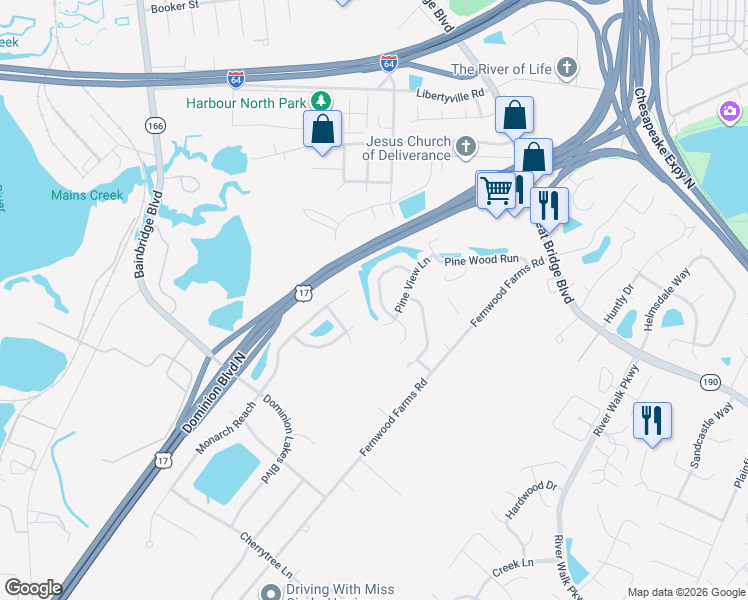 map of restaurants, bars, coffee shops, grocery stores, and more near 414 Cobblewood Arch in Chesapeake