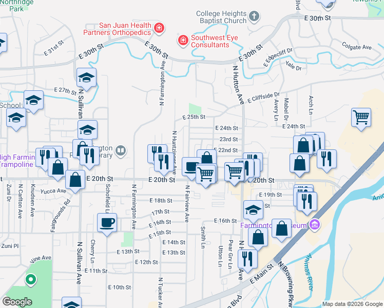 map of restaurants, bars, coffee shops, grocery stores, and more near 2121 North Fairview Avenue in Farmington