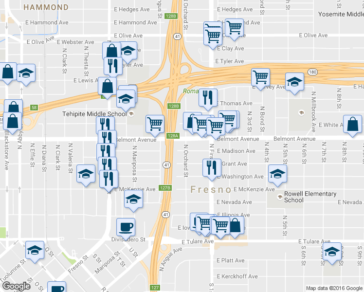map of restaurants, bars, coffee shops, grocery stores, and more near in Fresno