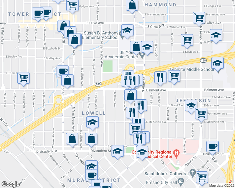 map of restaurants, bars, coffee shops, grocery stores, and more near 474 North Glenn Avenue in Fresno
