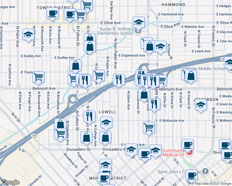 map of restaurants, bars, coffee shops, grocery stores, and more near in Fresno