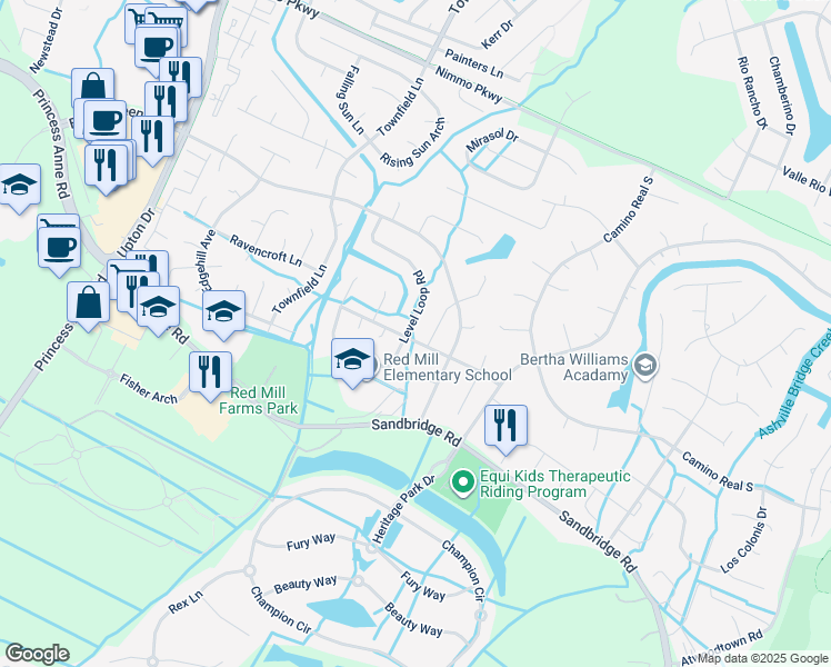 map of restaurants, bars, coffee shops, grocery stores, and more near 2580 Level Loop Road in Virginia Beach