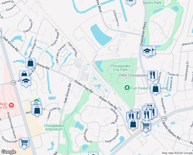 map of restaurants, bars, coffee shops, grocery stores, and more near 619 Sweet Leaf Place in Chesapeake