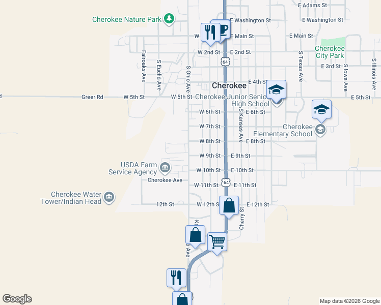 map of restaurants, bars, coffee shops, grocery stores, and more near 225 West 9th Street in Cherokee