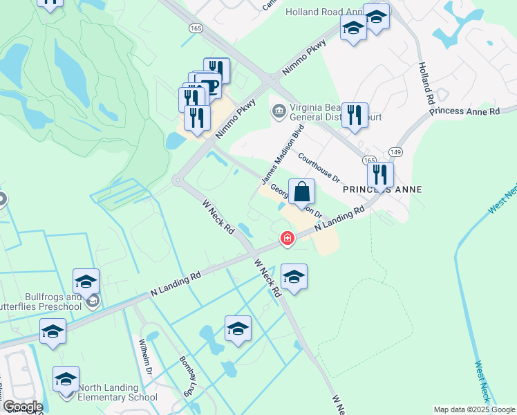 map of restaurants, bars, coffee shops, grocery stores, and more near 2652 James Madison Boulevard in Virginia Beach