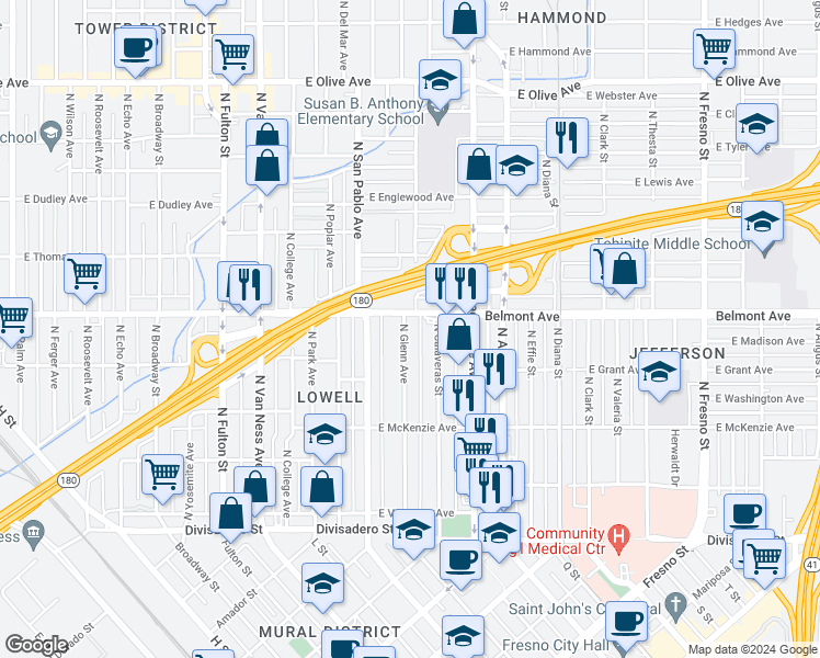 map of restaurants, bars, coffee shops, grocery stores, and more near 474 North Glenn Avenue in Fresno